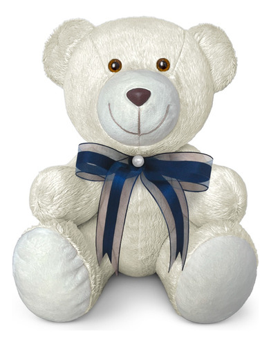 Ursinho De Pelúcia Articulado Antialérgico Decoração 15cm Cor Baunilha Com Azul Marinho