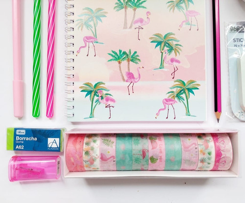 Kit Papelaria Flamingo Caderno Canetas Clips Washi Tape Etc