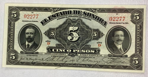 Estado De Sonora 5 Pesos 1913 Sin Circular !