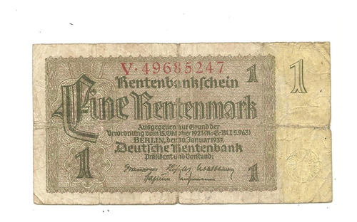 Billete Alemania: Un Rentenmark 1937 Bueno.