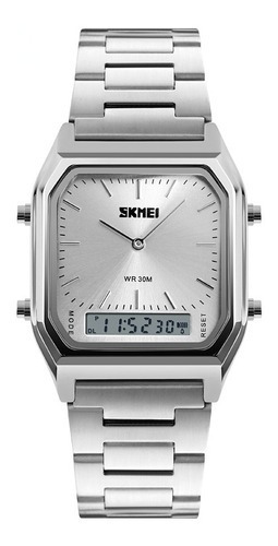 Reloj unisex Skmei 1220 Silver Anadigi con alarma Crono Wr5, correa de color plateado y bisel plateado, fondo plateado
