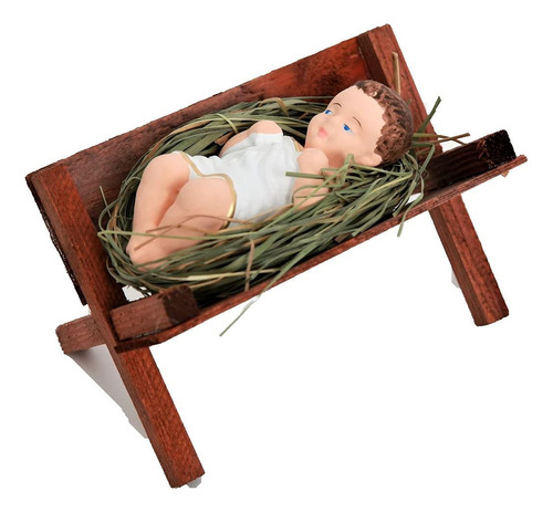 Baby Jesus En Pesebre De Madera Sobre Heno Natural, 4 Pulgad