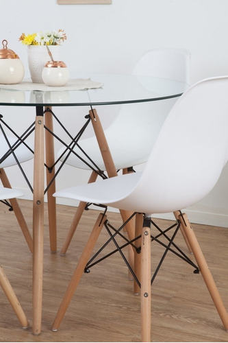 Imagen 3 de 6 de Mesa De Comedor Redonda De Vidrio 90cm Patas De Madera Eames