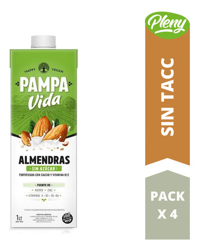 Pack X 4 Leches Almendras S/ Azúcar Pampa Vida 1l - Sin Tacc