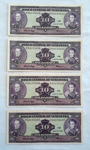 Billetes De 10 Bs. 5/6/95 - Serial P8 - 554, 555, 556 Y 557