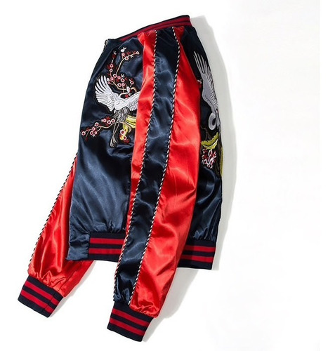 Imagen 3 de 10 de Chaqueta Bomber Bordado Japonés Grulla Azul Marino Y Rojo