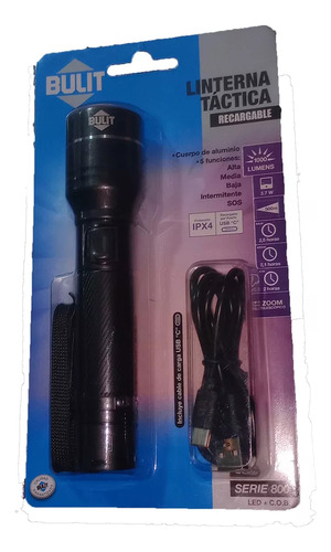 Linterna Tactica Led Recargable Usb Bateria Litio Bulit Linterna Negro Luz Blanco