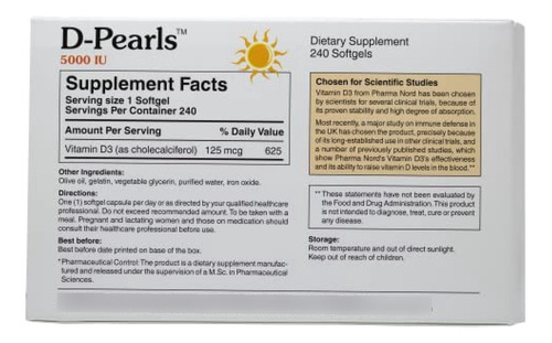 Imagen 2 de 4 de Suplemento Vitamina D D-perlas Vitamina D3 5000 Ui (125 Mcg)