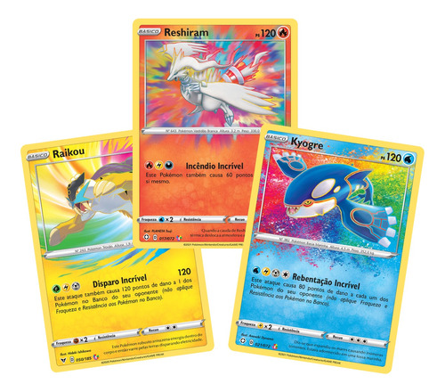 Kit 3 Carta Pokémon Lendários Raikou Reshiram Kyogre