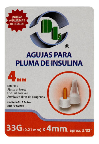 Agujas Para Pluma De Insulina Dl 33gx4mm 10 Pzas Capacidad en volumen 4 mm