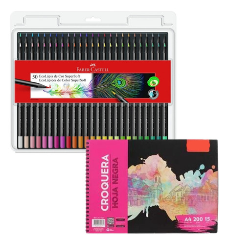 Set 1 Croquera Negra 15 Hojas + 50 Eco Lapices Faber Castell