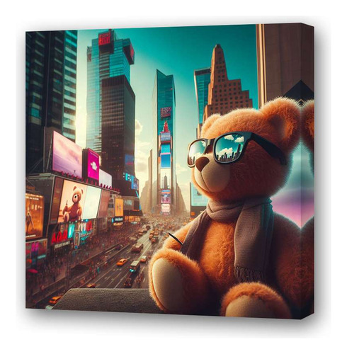 Cuadro 45x45cm Oso Peluche Mirando Ciudad Times Square