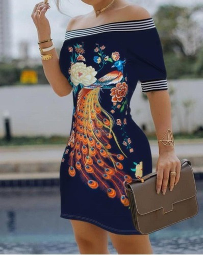 Vestido Corto Bodycon Estampado De Manga Corta Con Un Hombro