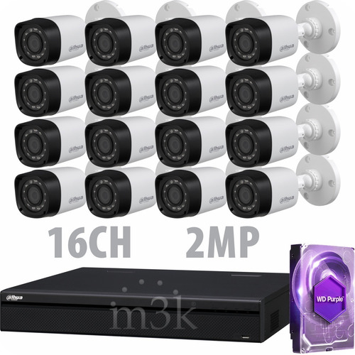 Kit Seguridad Dahua Full Hd Dvr 16 + Disco 1 Tb Instalado + 16 Camaras 2mp 1080p Exterior Infrarrojas + Ip M3k