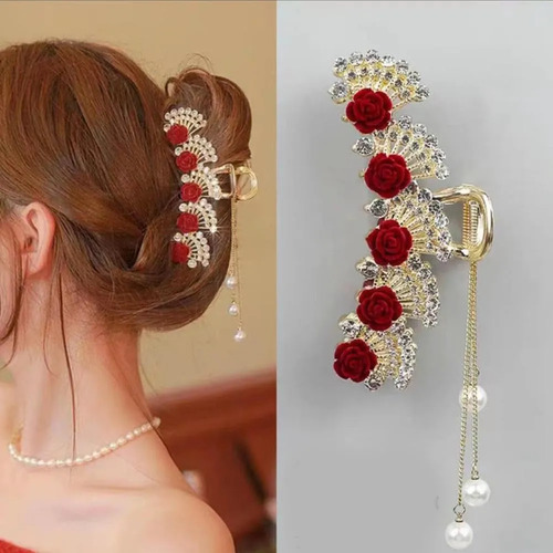 Pinzas De Pelo De Terciopelo Con Borlas Rosas Para Mujer, Cr