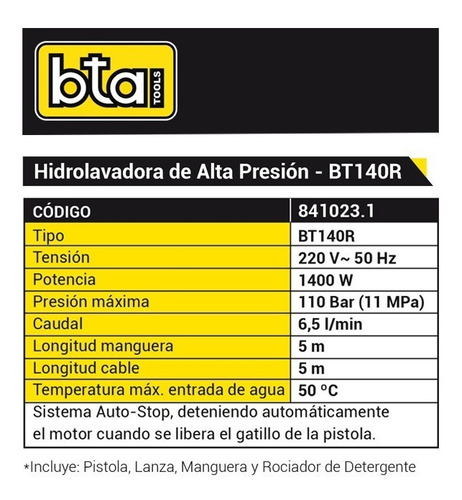 Hidrolavadora eléctrica Bta Tools BT140R de 1400W con 110bar de presión máxima 220V - 50Hz