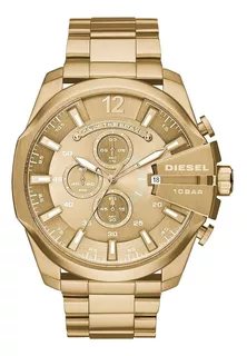Reloj pulsera Diesel Mega Chief DZ4360 de cuerpo color dorado, analógico, para hombre, fondo dorado, con correa de acero inoxidable color dorado, agujas color dorado y blanco, dial dorado y blanco, su