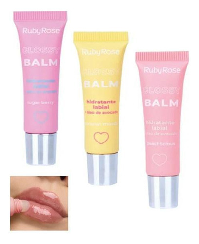 Kit 3 Glossy Balm Ruby Rose Hidrata Labios Boca Ressecada