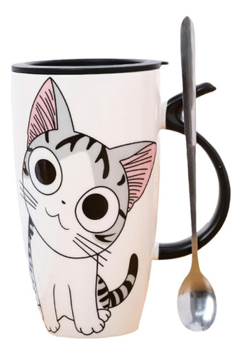 Taza De Gato Mug Con Tapa Y Cuchara Tazón Gato Chi 600ml