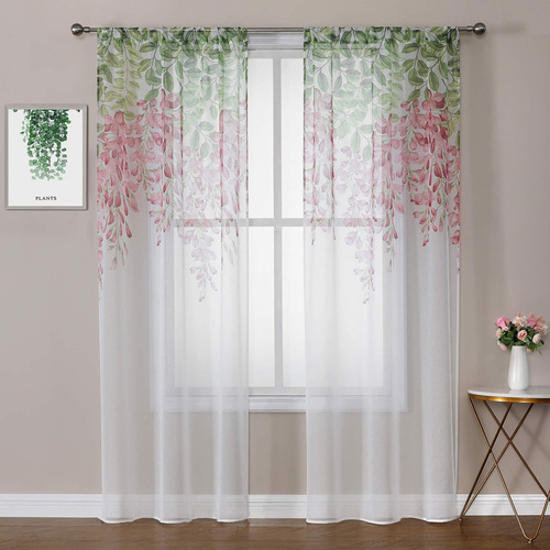 Cortinas Florales Semitraslucidas Para Ventana, 2 Paneles, P