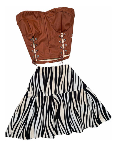 Conjunto Pollera Tiro Alto Cebra Y Top Corset Eco Cuero