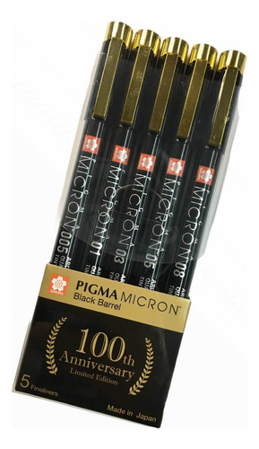 Kit Caneta Pigma Micron Sakura Edição Limitada 100 Anos 5pç Tinta Preto Exterior Preto