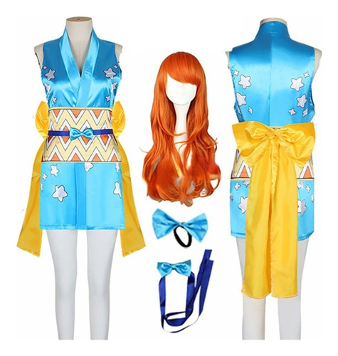 Cosplay Anime Disfraz Nami Completo Kimono Estampado Incluye Peluca 