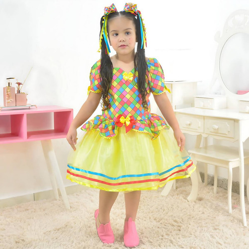 Vestido Festa Junina Xadrez Tule Amarelo Com Led + 2 Laço