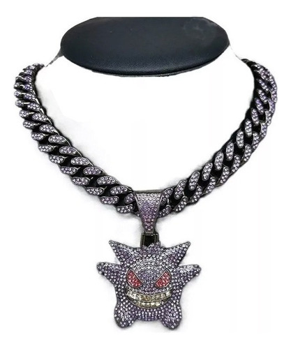 Colgante Cadena Cubana Gengar Con Collar Metal Con Diamantes