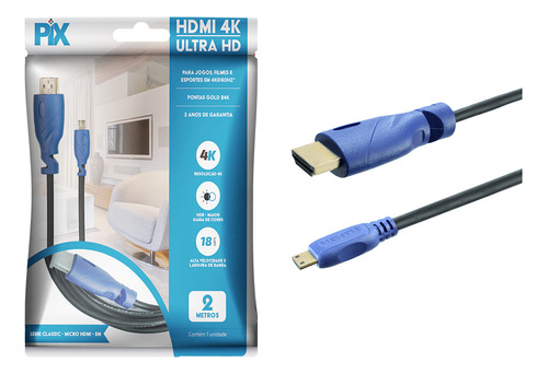 Pix Cabo Micro Hdmi X Hdmi Blindado Pro 2.0 Ethernet 4k 2 Metros 