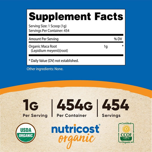 Nutricost Organic Maca Root Dietary Supplement 454g Sabor Natural