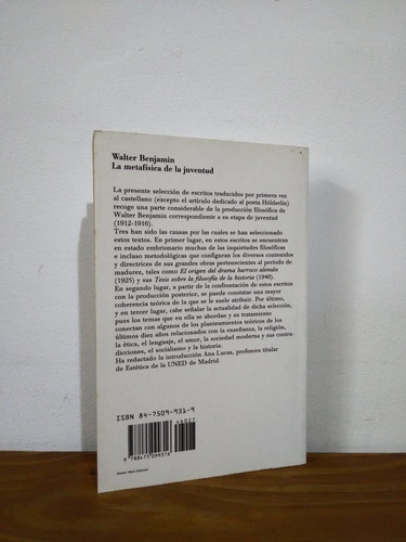 La Metafísica De La Juventud Walter Benjamin Paidós (Usado)
