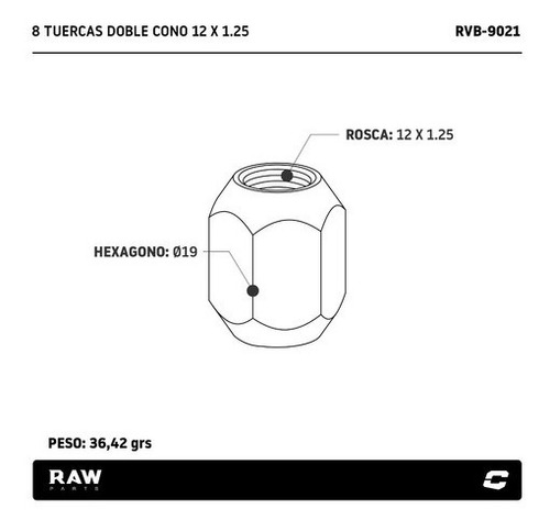 Imagen 2 de 4 de Tuercas De Rueda Doble Cono Raw Parts 12 X 1.25 X 8 Un