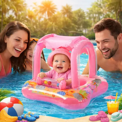 Boia Bote Com Cobertura E Assento Inflavel Para Bebe Piscina Rosa