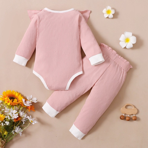 Conjunto De Mameluco Rosa De Algodón Suave Bebé Con Moño