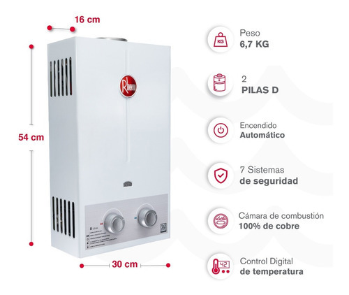 Calentador De Agua 8lt Gas Natural Tiro Natural Rheem Color Blanco Tipo de gas GN