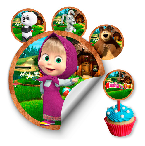 Etiquetas Imprimibles Cualquier Temática Cupcakes Adhesivas Masha Y El Oso