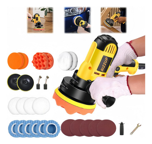 RIZZUP Juego De Pulidora Lijadoras Máquina Eléctrica Para Autos Carro Coche Automóvil Velocidad Ajustable Accesorios Kit Incluir Lija 28pzs 700w 600-3700rpm 5 PuLG