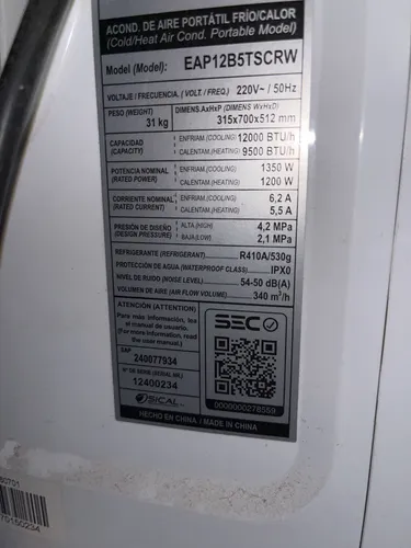 Aire Acondicionado Electroluxportátil Frío/calor 12000 Usado (Usado)