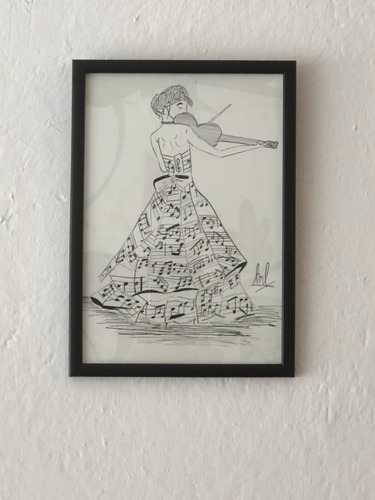 Cuadro Enmarcado , Dibujo A Tinta China , Music Dress