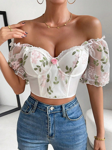 Top Crop Con Bordado Floral De Malla De Manga Farol