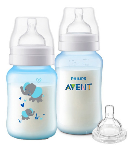 2 Mamadeiras Philps Avent Classic 260/330ml Decorada Azul Elefante