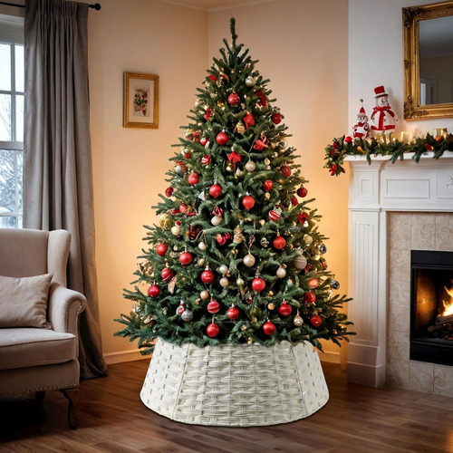 Base De Árbol De Navidad Redondo De Rattán Blanco 65 Cm Diám