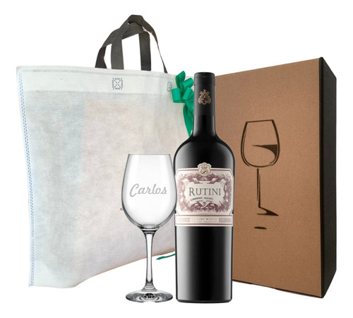 Vino Rutini + Copa Vidrio Personalizada Estuche Regalo