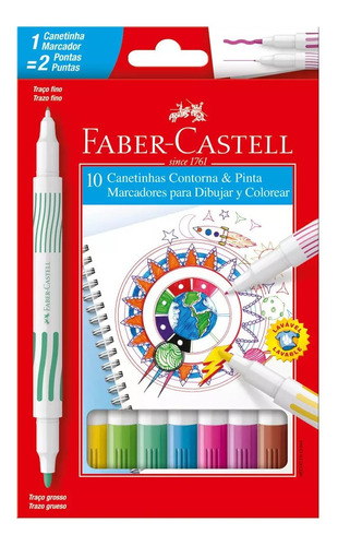 Canetinha Faber Castell Duo 10 Cores Ponta Dupla 2 Traços