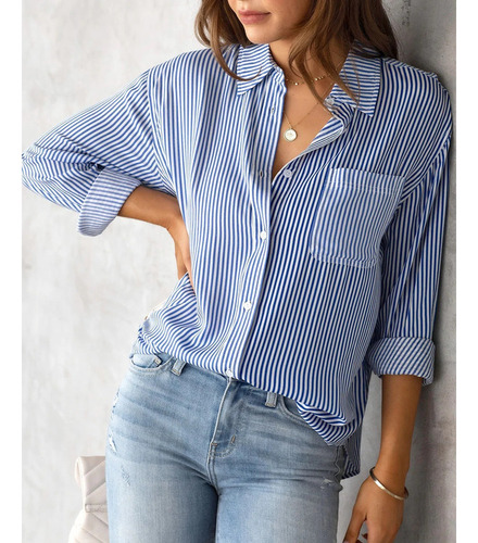 Camisa De Manga Larga Informal Holgada Con Top A Rayas Mujer