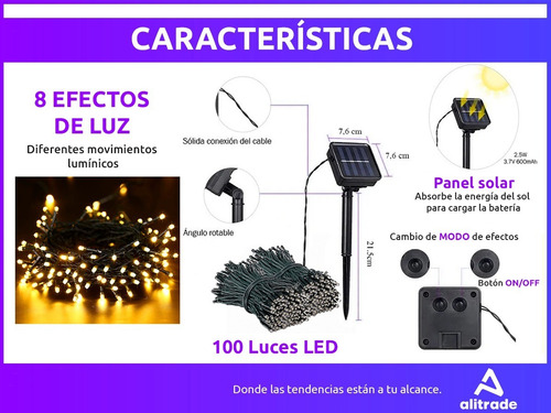 Imagen 4 de 10 de Luces Navidad Exterior Solares Guirnalda Led 100 Luces 12mts