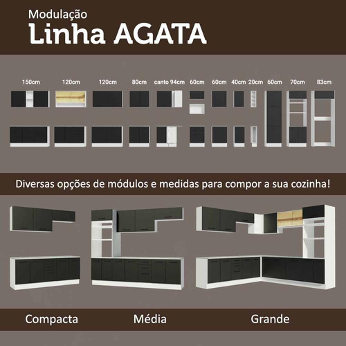 Balcão Pia Cozinha 2 Portas (com Tampo) Branco Agata Madesa Cor Branco/Preto