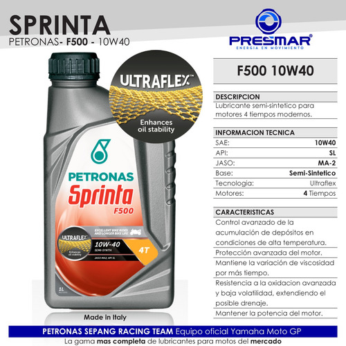 Imagen 2 de 10 de Aceite Moto 4t Sprinta F500e 10w40 Semi Sintetico Ma2/ma 1 L