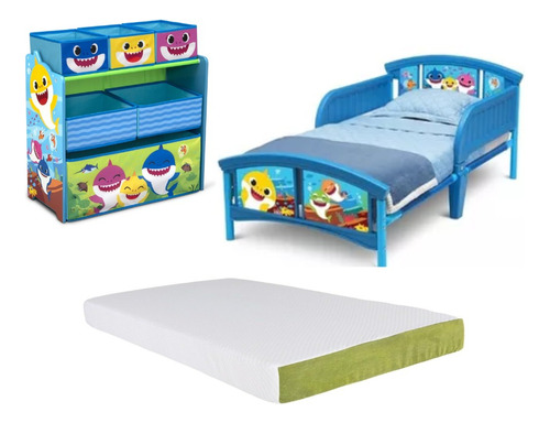 Cama Camita Infantil Con Colchon  Y Juguetero Baby Shark